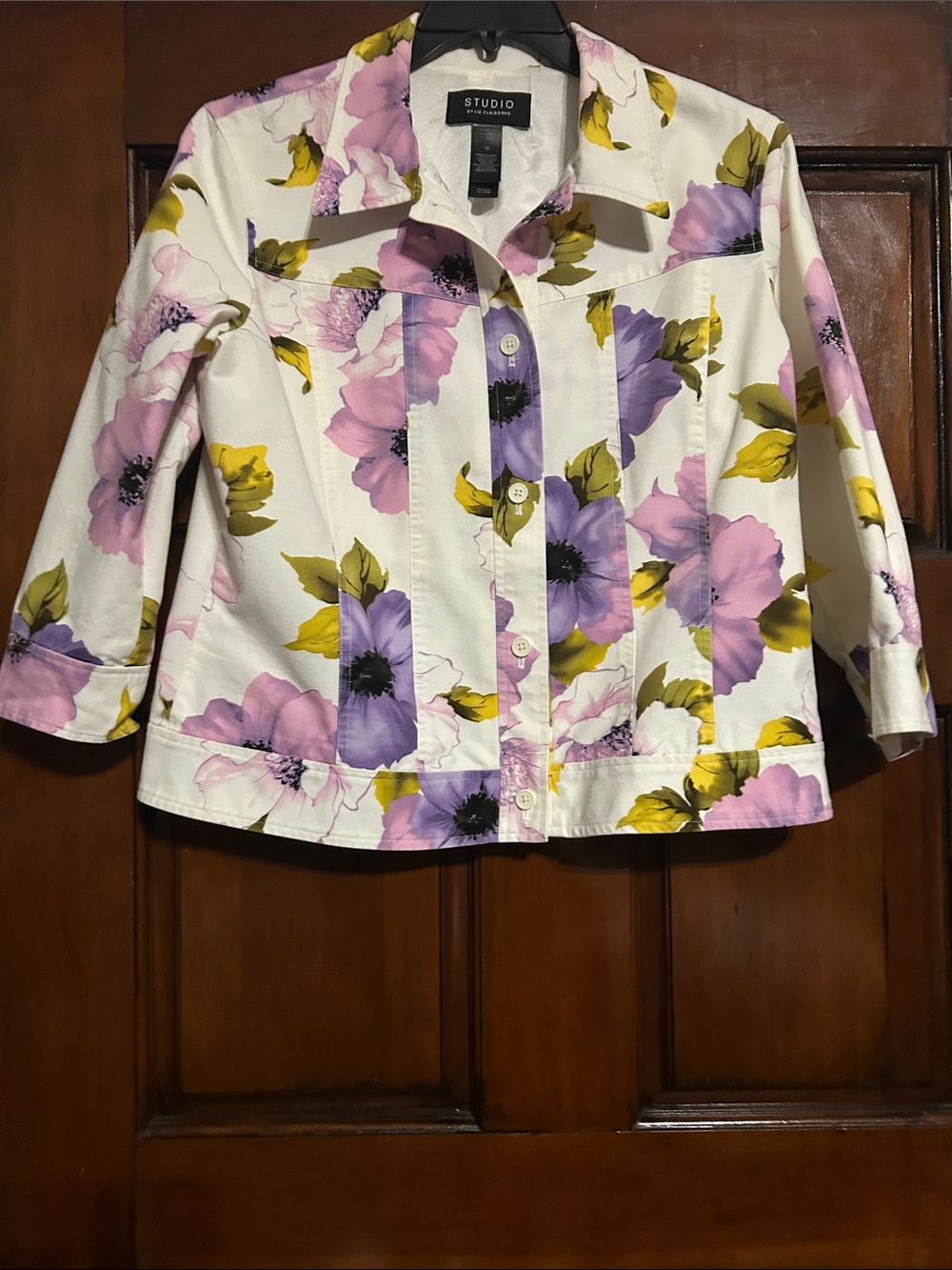 Studio White Floral Jean Jacket with Pink, Purple & Yellow Accents